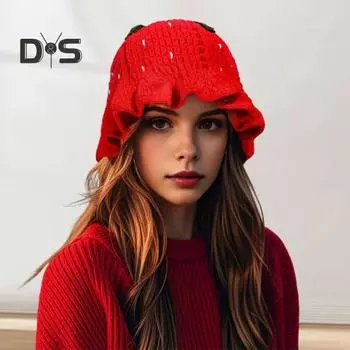 Рыбацкая шляпа в форме клубники, вязаная крючком пряжа, милая панама для девочек, реквизит для фотосъемки, головной убор, осенне-зимняя, сохраняющая тепло, солнцезащитная шляпа красный