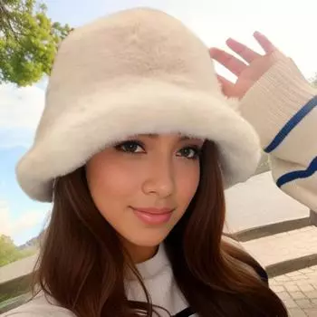 Рыбацкая шляпа женская осенне-зимняя плюшевая шапка-тазик корейская версия повседневная японская мода толстая искусственная меховая теплая шапка 56-58CM белый