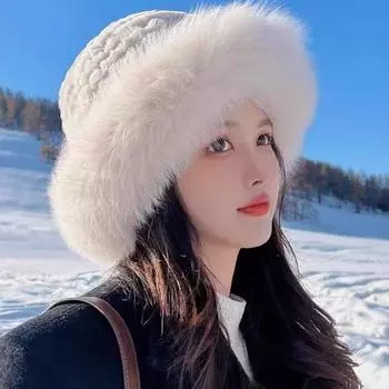 Рыбацкая шляпа зимняя из кроличьей шерсти с большими полями теплая холодная защитная шляпа с ушками белая плюшевая женская шляпа белый