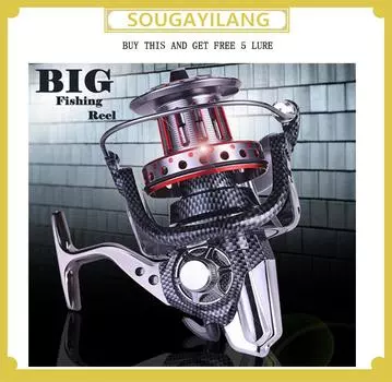 Рыболовная катушка, большая цельнометаллическая спиннинговая катушка, рыболовные снасти, приманка со сменной ручкой, рыболовное оборудование 8000 чёрный/красный
