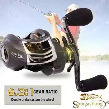 Рыболовная катушка Sougayilang Bait Casting 12 BB, передаточное число 6,3:1, алюминиевая шпуля, гладкая катушка из нержавеющей стали left жёлтый/чёрный