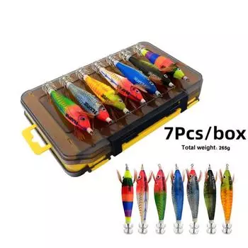 Рыболовная приманка для деревянных креветок с батареей, 7 шт., 10 см, крючок для кальмара, наживка для осьминога, джиги для кальмаров, приманки для каракатиц, искусственный воблер, жесткая приманка 1 set разноцветный