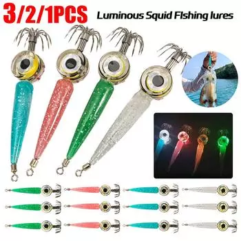 Рыболовные приманки LED Luminous Squid Cuttlefish Jigs Рыболовная приманка Светящийся искусственный кальмар Крючок Джиггинговые приманки для морской рыбалки Фидер