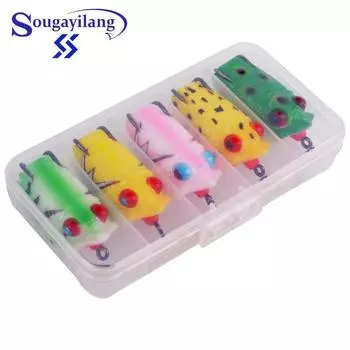 Рыболовные приманки Верхняя вода Плавающая приманка без сорняков Приманки для лягушек Двойные острые крючки Мягкая приманка для ловли окуня 5 Pcs