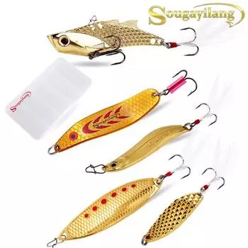 Рыболовные приманки Золотая металлическая ложка VIB Рыболовные наживки Рыболовные тройные крючки и перья Наживки для морской рыбалки 5 Pcs золотой