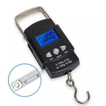 Рыболовные весы 50 кг с ЖК-экраном с подсветкой, портативные электронные весы, цифровые рыболовные крючки, подвесные весы с измерительной лентой и линейкой чёрный
