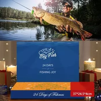 Рыболовный адвент-календарь для мужчин 2024 года. Обратный отсчет на 24 дня до Рождества. Рыболовная приманка.