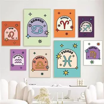 Рыбы Овен Астрология Художественная печать Созвездие Картина маслом Созвездие День рождения Красочная забавная ретро розовая настенная живопись 21cm30cm NoFrame