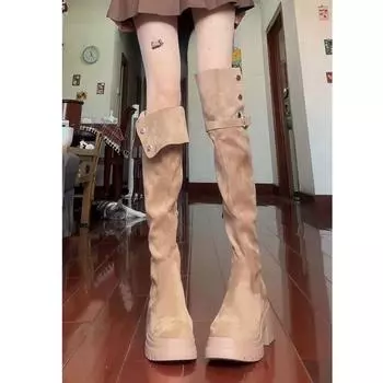 Рыцарские сапоги цвета хаки с пряжкой на поясе, новые 2024 года, длинные замшевые вестерн-сапоги с толстой подошвой и завышенными голенищами 35