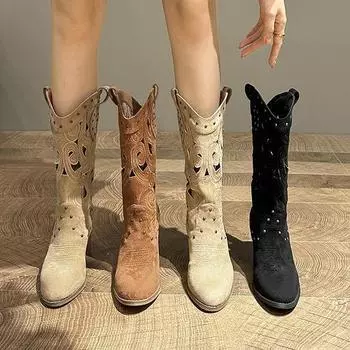 Рыцарские сапоги средней длины на толстом каблуке с вышивкой и V-образным вырезом 35 коричневый