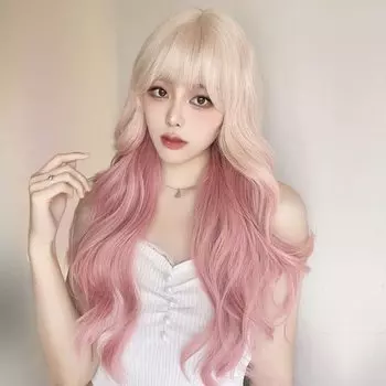 RyuuCos Long Curly Pink Platinum Gradient Haruhi Sakura Small Harajuku Heat School Cultural Festival Women s Wig, Hair, Hair, Wig, Pink, Powder, Face,