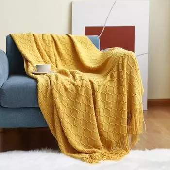 Ржавое вязаное одеяло для дивана. Текстурированное вязаное одеяло с кисточками. Уютное тканое одеяло в стиле бохо для дивана-кровати, кресла. Акриловый волнистый узор. 127*172CM +tassels бежевый