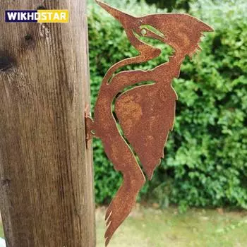 Ржавые металлические силуэты птиц, декор для садового забора, дятел Робин, деревенский двор, колышек, дизайн, художественные украшения для сада, принадлежности