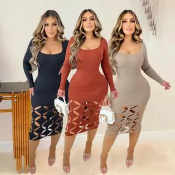 S10639 Шикарное эластичное облегающее платье с вырезом и длинными рукавами L