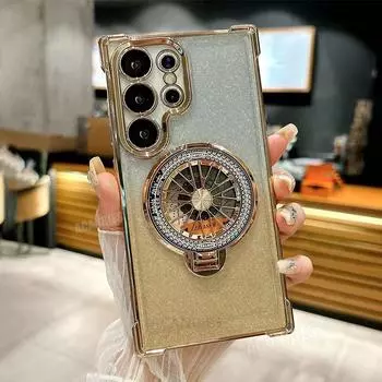 S24 S23 S22 S25 Plating Rotate Holder Silicone Case For Samsung Galaxy S25 S23 S22 S21 S20 S24 Fe Plus Ultra Stand Cover Note 20 Note 10 Pro