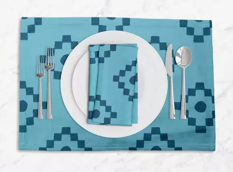 S4Sassy Blue Diamond Геометрические повседневные моющиеся салфетки с салфетками Обеденный стол Placemat-12x18 |Napkin-18x18 (8 Pcs) бирюзовый синий