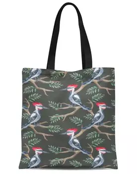 S4Sassy Grey Pecan Leaves & Woodpecker Bird Print Canvas Shopping Tote Bag Сумка для переноски Повседневная сумка на плечо 16x12 16x12 Inches серый