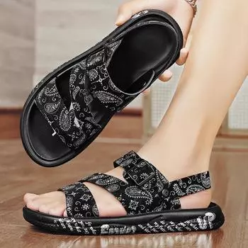 S81003 Summer men s beach popular sandals one-word support dual-purpose trendy shoes wear-resistant non-slip Shoes 39 чёрный