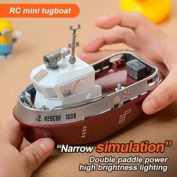 S820 RC Tugboat 1/72 Mini Boat 2.4G Dual Motors Remote Control Ship Electric Watercraft Model Toys with LED Light for Kids Gift