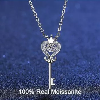 S925 Белое Золото 0,3 карата Муассанит Корона Подвеска Ключ Простая Цепочка На Ключицу Сверкающий Бриллиант Женское Ожерелье для Женщин Total 0.3 carat