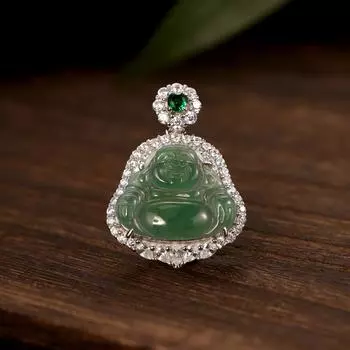 S925 Jadeite Danger Material Big Belly Buddha Ожерелье Женское Премиум Инкрустированное Цирконом Жадеит Будда Гонг Подвеска Нефритовая Подвеска 925 silver
