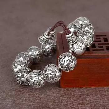 S925 очаровательный тонкий ретро тибетский буддизм с покрытием тайский серебряный браслет из веревки для мужчин шесть слов мантры браслет из бусин лотоса