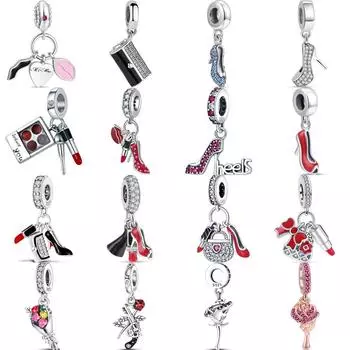 S925 однотонные серебристо-красные помады, туфли на высоком каблуке, сумочка, цветы розы, изящные бусины, подходят к оригинальным подвескам, браслету, ювелирные изделия «сделай сам»