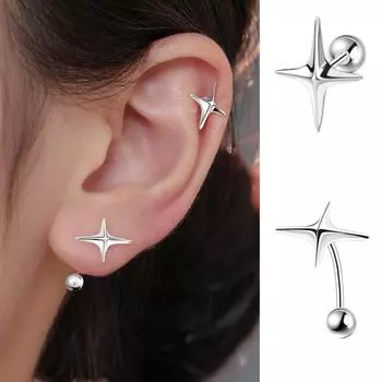 S925 Посеребренные серьги-гвоздики для тела. Накладные серьги из кости для женщин. Асимметричные серьги с крестообразными звездами. Четверные звезды. Винтовые шпильки.