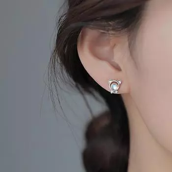 S925 посеребренные серьги, креативные забавные асимметричные серьги с лунным камнем, мини-серьги с милыми медвежьими лапами, маленькие серьги, подарок для друзей-женщин