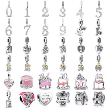 S925 посеребренный юбилейный цифровой кулон с днем рождения, подвеска из бисера, подходит для оригинального браслета, женские ювелирные изделия своими руками
