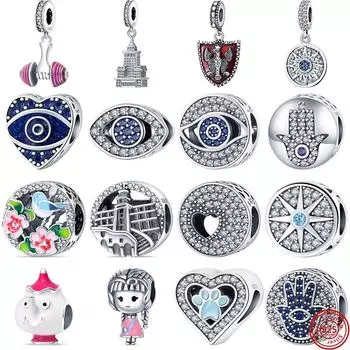 S925 серебристо-голубые глаза демона, высокое здание, принт лапы, сердечки, подходят оригинальные подвески, браслет, женские украшения для девочек, подарки «сделай сам» CHINA