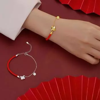 S925 Серебро 2022 Национальный тренд Тигр Красный Веревочный браслет Нишевый дизайн Год рождения Браслет с тигром для женщин Adjustable size