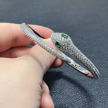 S925 серебро браслет-манжета в виде змеи милый стиль зеленые глаза полукруг CZ циркон брендовый браслет для женщин ювелирные изделия со значками