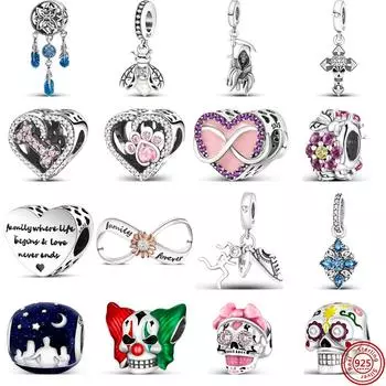 S925 серебро череп Джокер перо лапа принт сердце цветы навсегда бусины подходят оригинальные подвески браслет женские ювелирные изделия CHINA