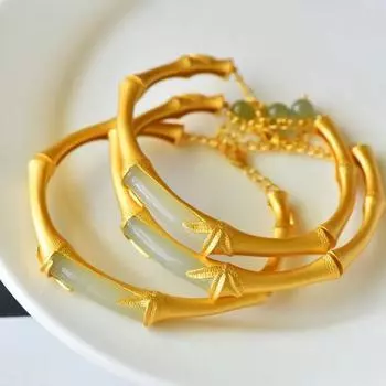 S925 Серебро Древнее Золото Бамбуковый Праздничный Браслет Женский Золотой Инкрустированный Нефрит Национальный Стиль Китай-Шик Винтажный Нефритовый Браслет Хэтян Новая Мода Adjustable size