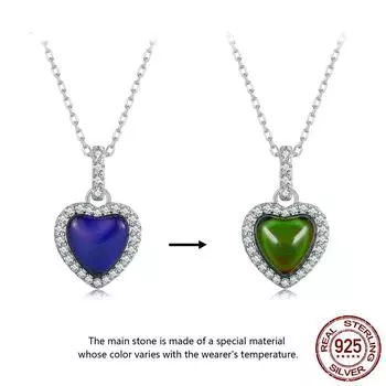 S925 Серебро Эмоции Камень Сердце Кулон Ожерелье Цвет Изменение Цвета Драгоценный Камень Цепочка На Шею для Женщин Подарок на День Святого Валентина