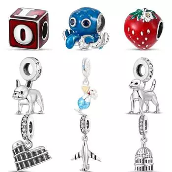 S925 серебро клубника фрукты чашка самолет дворец любовь бусины подходят оригинальные подвески браслет DIY ювелирные аксессуары