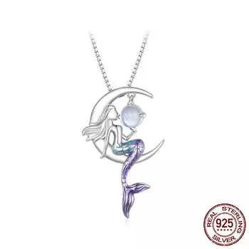 S925 Серебро Кулон Русалка Ожерелье Луна Шея Цепочка для Женщин Нежный Подарок На День Рождения Изящные Ювелирные Изделия