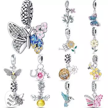 S925 Серебро Подсолнух Бабочка Растения Насекомые Серия Подвески Бусины Подходит Оригинальные Браслеты SS925 DIY Ювелирные Изделия Подарки