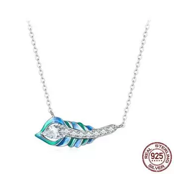 S925 серебро сверкающий циркон синяя эмаль кулон в виде пера павлина ожерелье для женщин подарок на день Святого Валентина