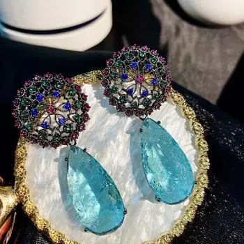 S925 Серебро Винтаж Черный Золотой Цвет Полый Дизайн Большие Капли Воды Циркон Серьги Висячие Женские Свадебные Украшения Для Ушей Подарок синий