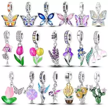 S925 Серебряная бабочка, сверкающий цветок ириса, тюльпана, лаванды, подсолнечника, бусины, подходят для оригинального браслета, бусины «сделай сам», женские украшения