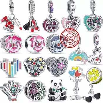 S925 Серебряная губная помада, банты, цветы, деревья, радуга, воздушные шары, сердце, изящные подвески, подходят для оригинального браслета, бусины «сделай сам», женские ювелирные изделия