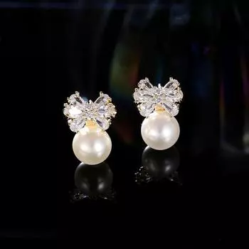S925 серебряная игла милые модные серьги в литературном стиле, высокие чувства, супер-вспышка, трехмерные серьги-гвоздики с жемчугом в виде банта для женщин белый