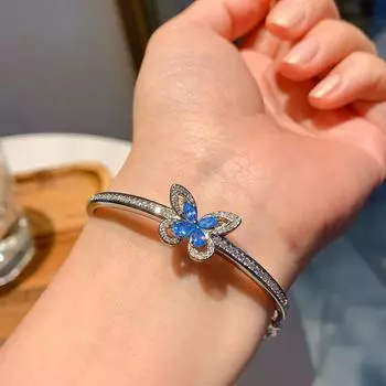 S925 Серебряная игла Морской синий бриллиант Бабочка комплект из трех частей браслет ожерелье кольцо серьги свадебные украшения