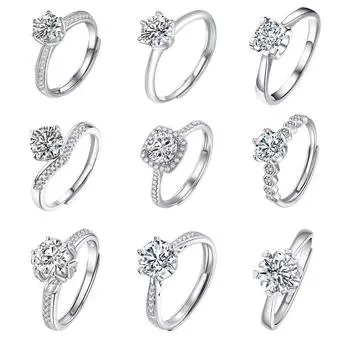 S925 Серебряное кольцо с инкрустацией из муассанита, ювелирное изделие, регулируемое кольцо с шестью когтями в корейском стиле 0.50Ct [Bare Goods]]