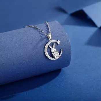 S925 Серебряное ожерелье с кроликом из нефрита и звездой, луной, гуочао, зодиакальный кулон «Спокойной ночи», кролик, натальная цепочка на ключицу в виде кролика на 50 минут 925 Silver