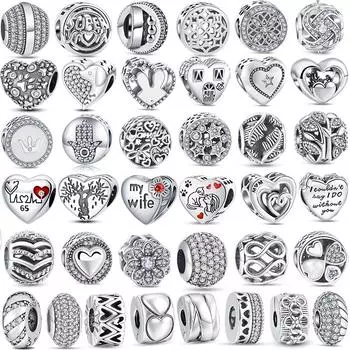 S925 Серебряные Бусины Круглая Пробка Сердце Паве Подвеска CZ Подходит Оригинальные Подвески Изготовление Браслетов Для Женщин Подарок