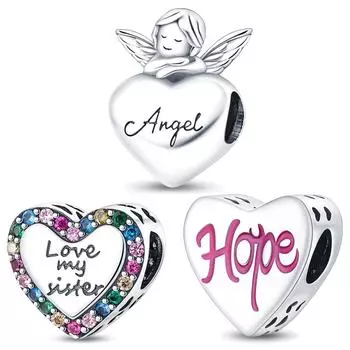 S925 Серебряные бусины Очарование Ангел Надежда Бусины в форме сердца