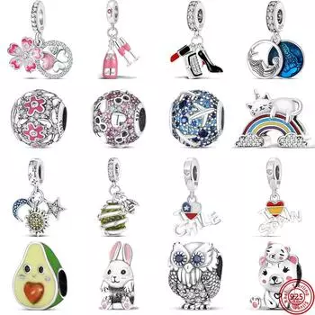 S925 Серебряные цветы Бокалы для вина Высокие каблуки Помада Звезды Луна Солнце Испания Изящные бусины подходят Оригинальные подвески Браслет Ювелирные изделия CHINA